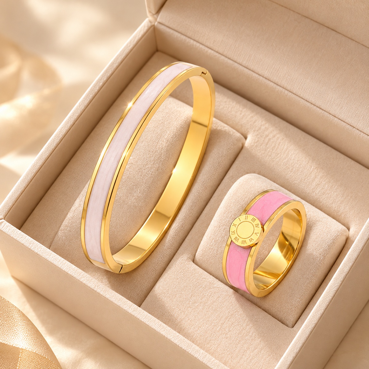 2pc Women's Iridescent Inlay Bangle & Roman Numeral Ring Set